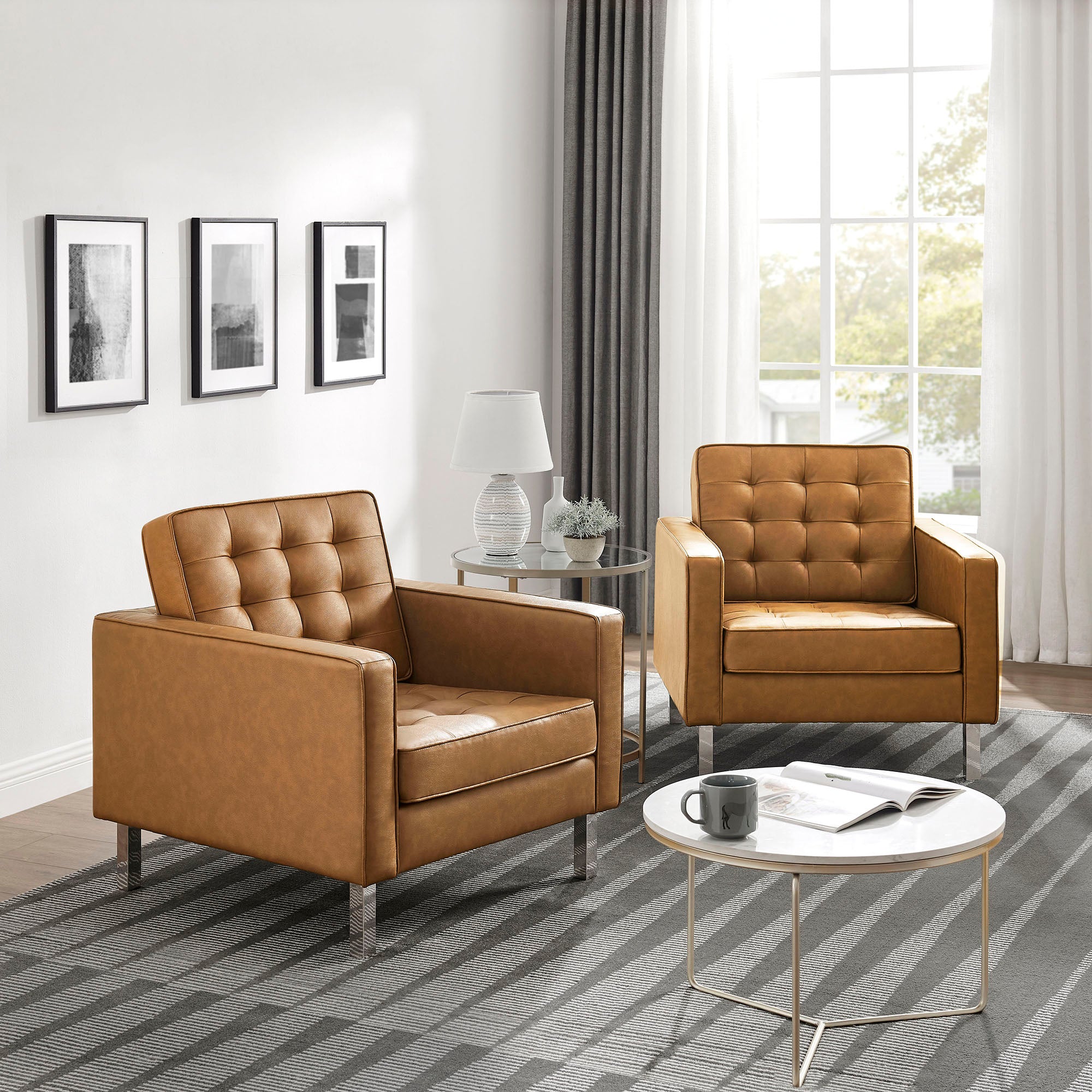 Loft Tufted Vegan Leather Armchairs Set of 2 - Silver Tan