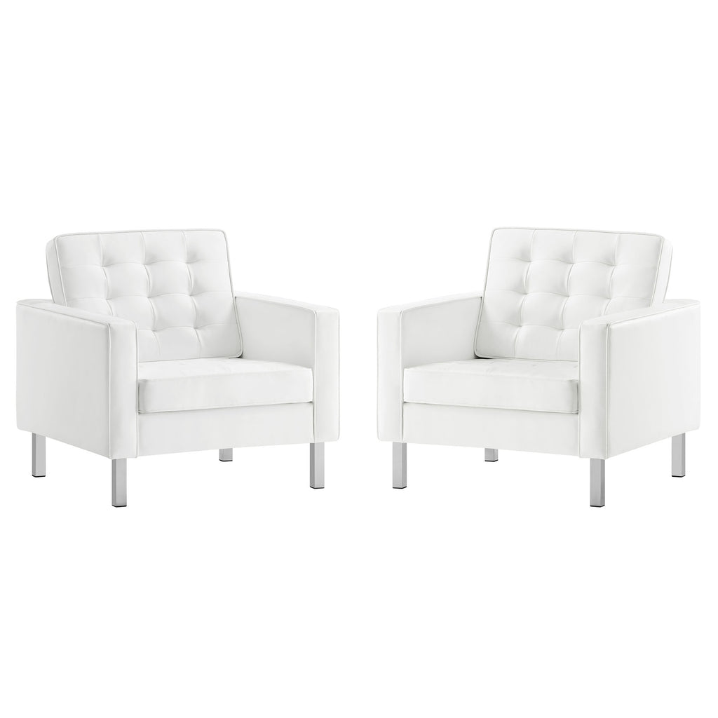 Loft Tufted Vegan Leather Armchairs Set of 2 - Silver White