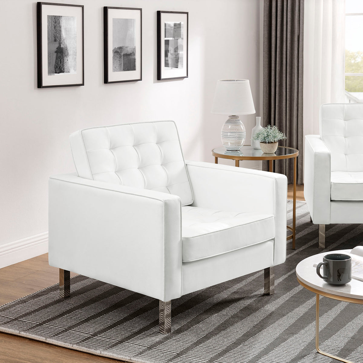 Loft Tufted Vegan Leather Armchairs Set of 2 - Silver White