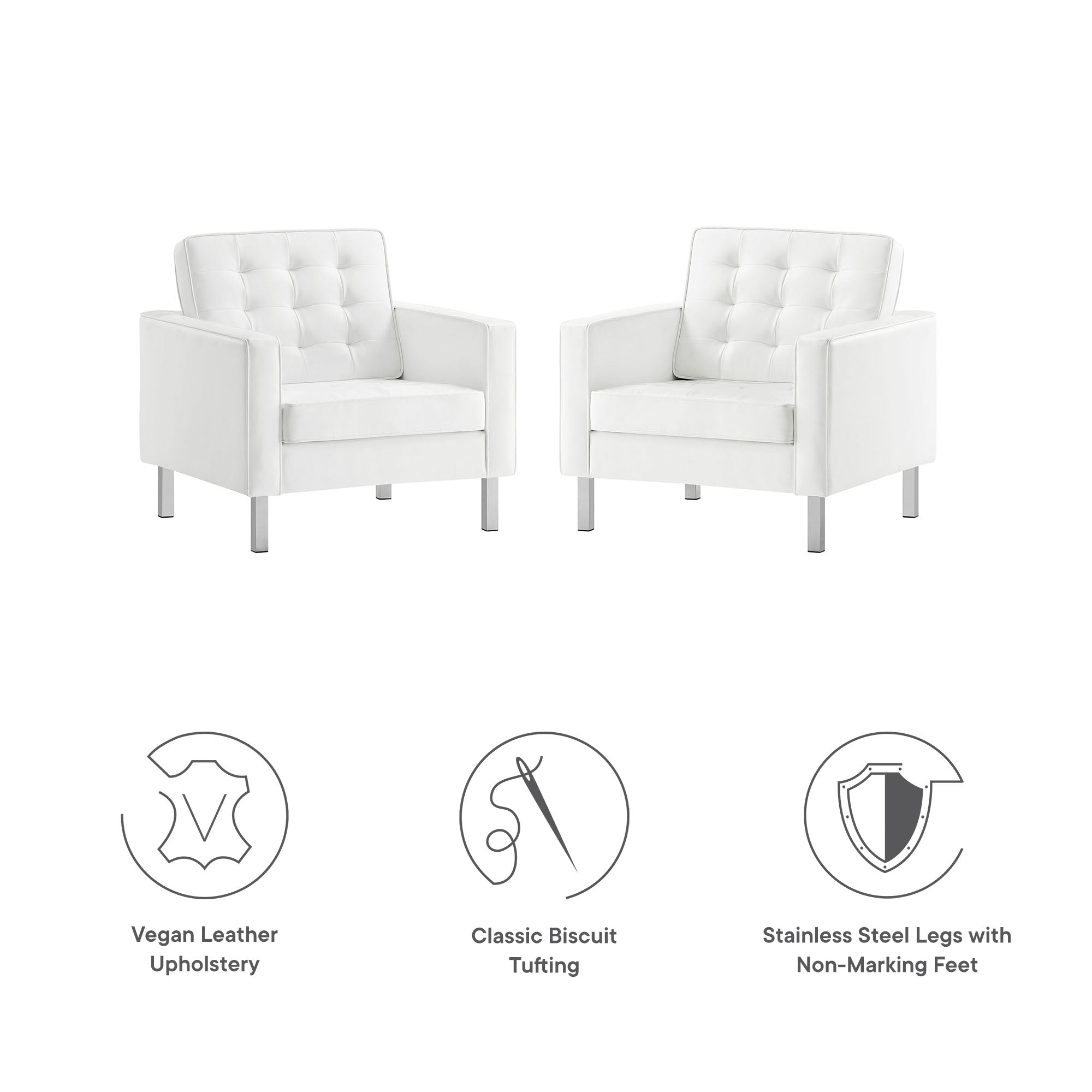 Loft Tufted Vegan Leather Armchairs Set of 2 - Silver White