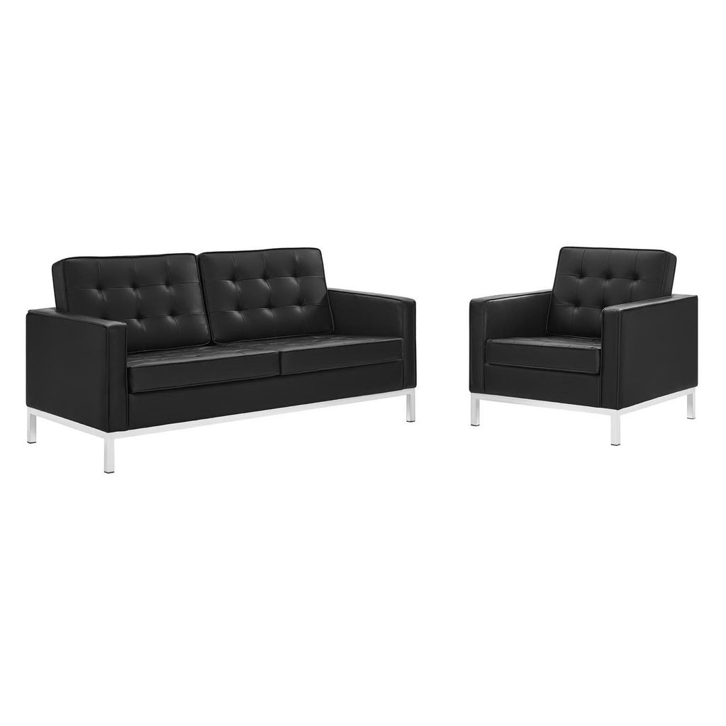 Loft Tufted Upholstered Faux Leather Loveseat and Armchair Set - Silver Black
