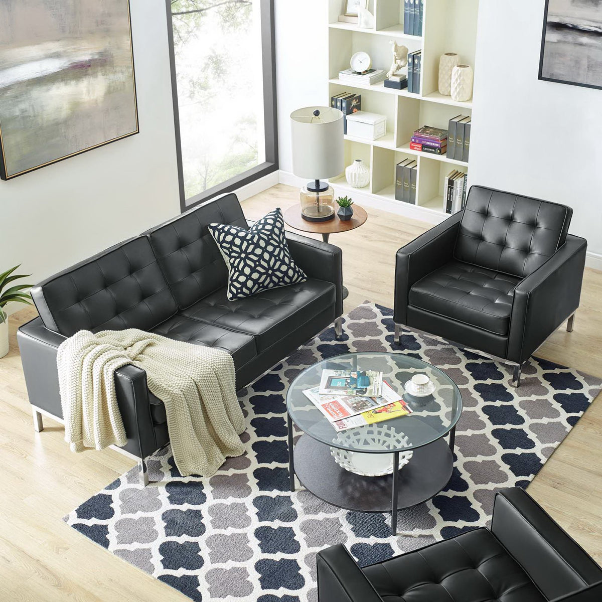 Loft Tufted Upholstered Faux Leather Loveseat and Armchair Set - Silver Black
