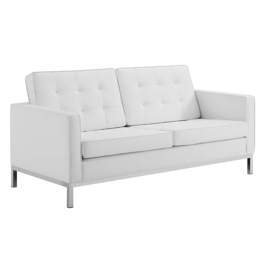 Loft Tufted Upholstered Faux Leather Loveseat and Armchair Set - Silver White
