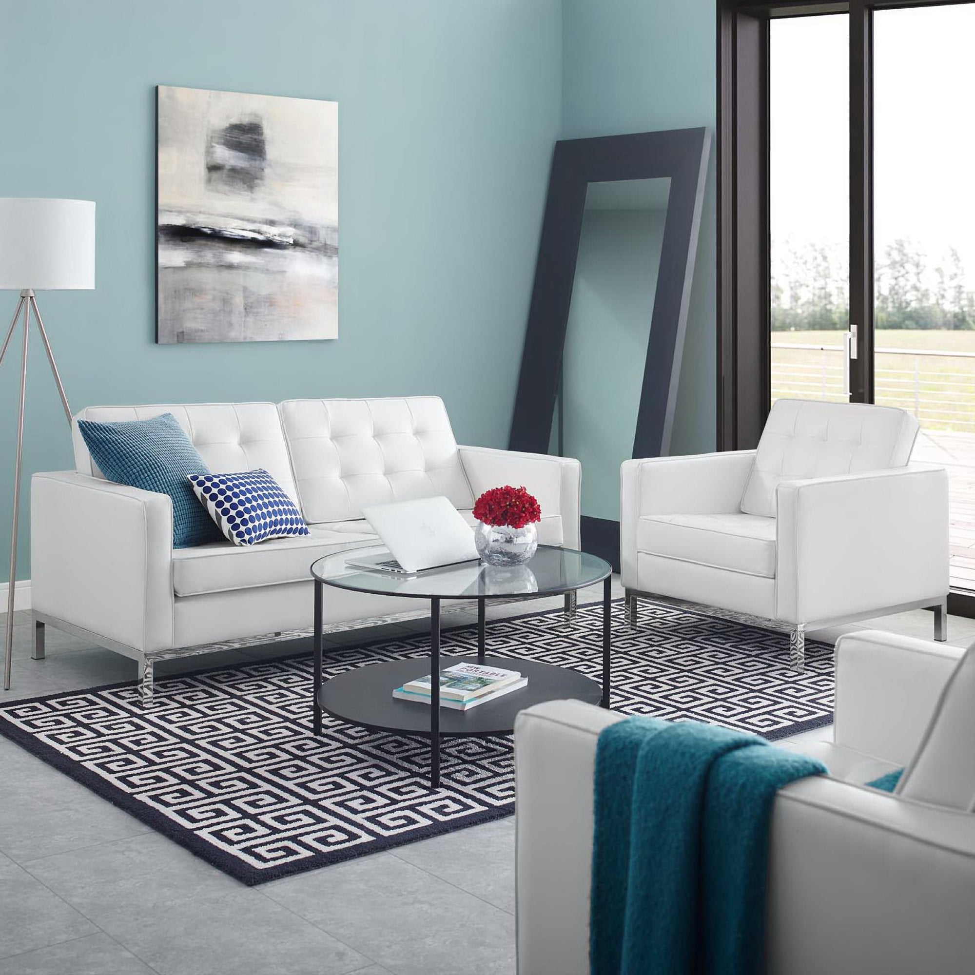 Loft Tufted Upholstered Faux Leather Loveseat and Armchair Set - Silver White