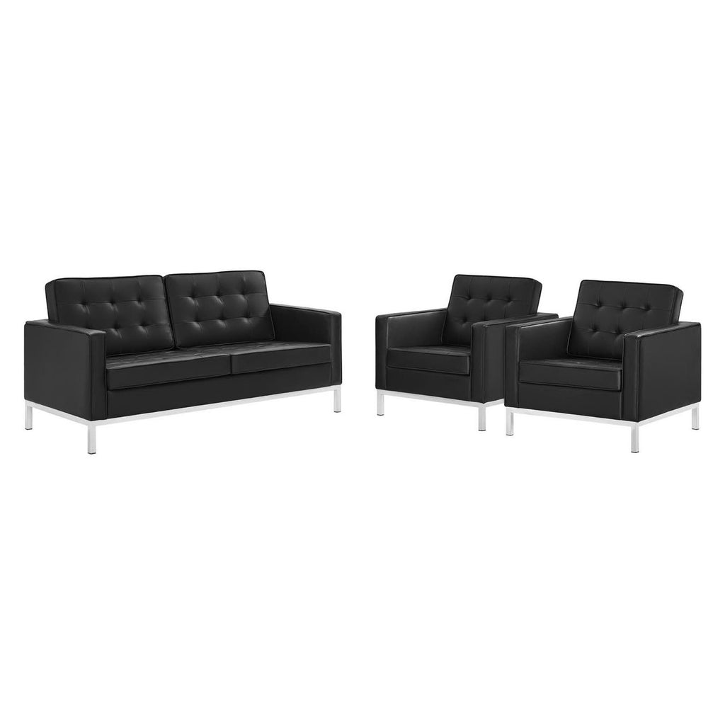 Loft 3 Piece Tufted Upholstered Faux Leather Set - Silver Black (2 Armchairs, Loveseat)