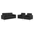 Loft 3 Piece Tufted Upholstered Faux Leather Set - Silver Black (2 Armchairs, Loveseat)