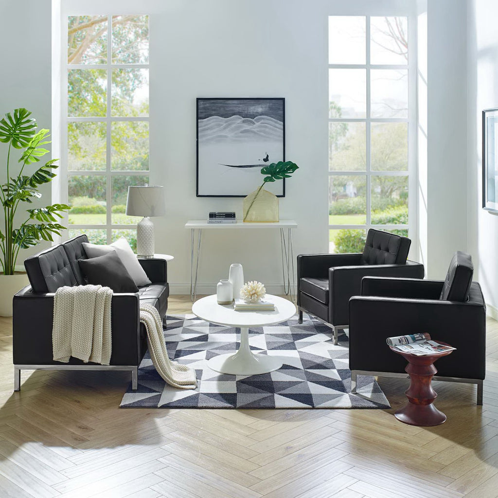 Loft 3 Piece Tufted Upholstered Faux Leather Set - Silver Black (2 Armchairs, Loveseat)