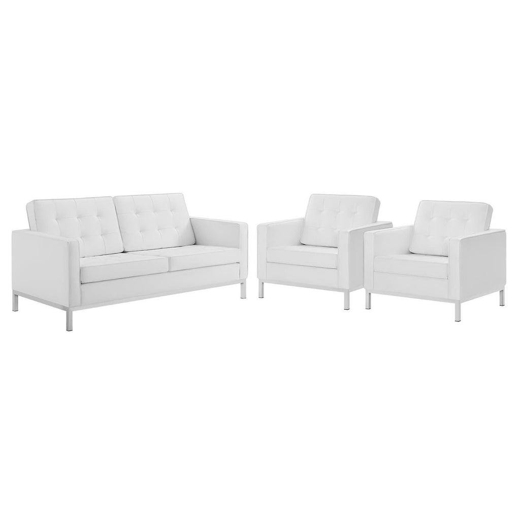 Loft 3 Piece Tufted Upholstered Faux Leather Set - Silver White (2 Armchairs, Loveseat)