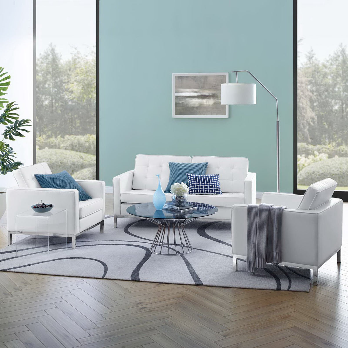 Loft 3 Piece Tufted Upholstered Faux Leather Set - Silver White (2 Armchairs, Loveseat)