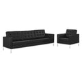 Loft Tufted Upholstered Faux Leather Sofa and Armchair Set - Silver Black