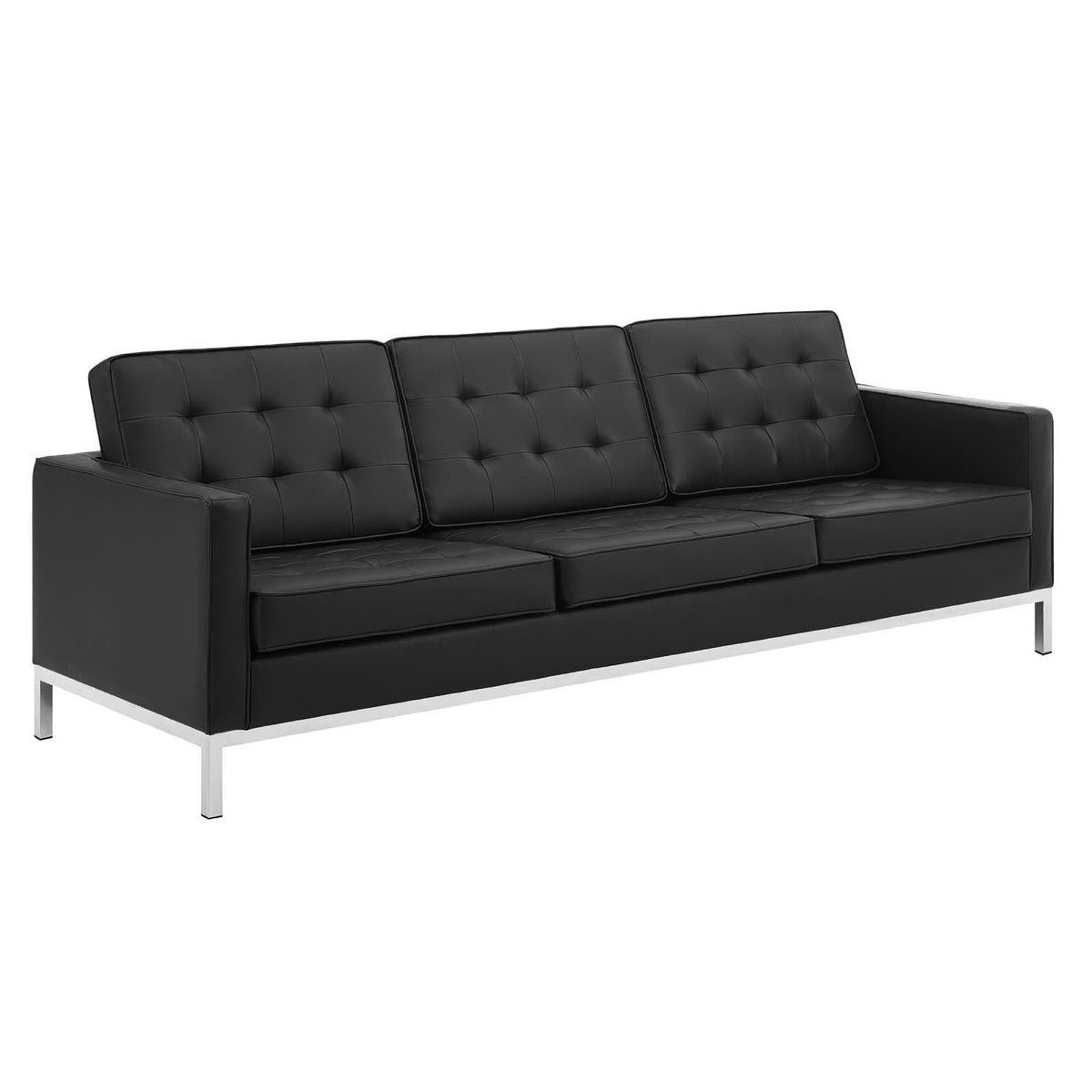 Loft Tufted Upholstered Faux Leather Sofa and Armchair Set - Silver Black