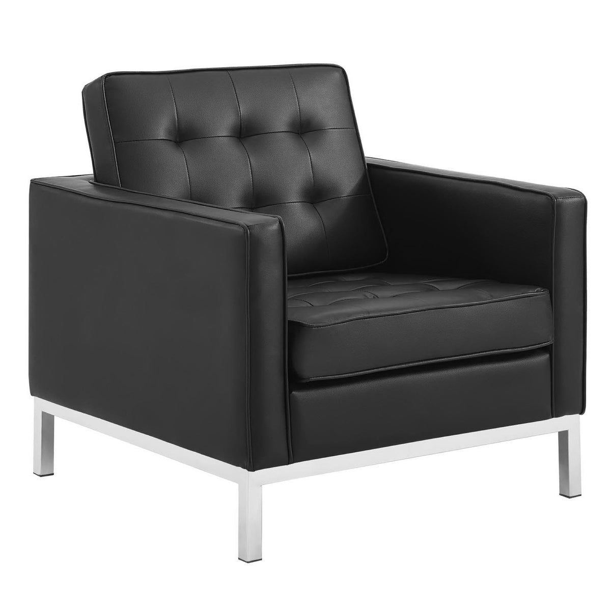 Loft Tufted Upholstered Faux Leather Sofa and Armchair Set - Silver Black
