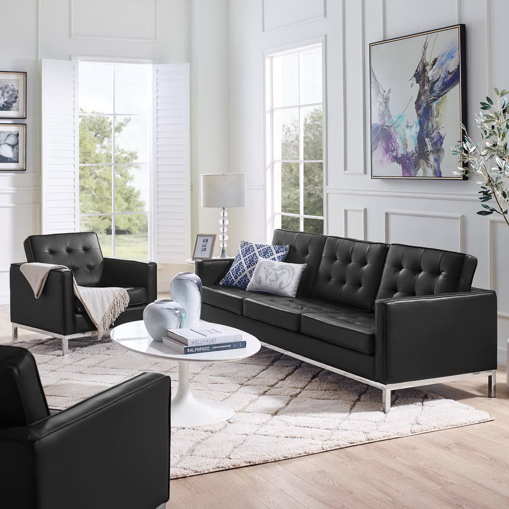 Loft Tufted Upholstered Faux Leather Sofa and Armchair Set - Silver Black