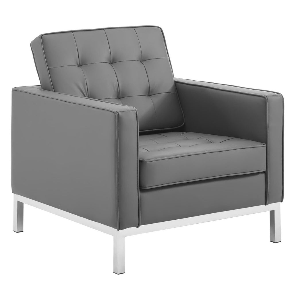 Loft Tufted Upholstered Faux Leather Sofa and Armchair Set - Silver Gray
