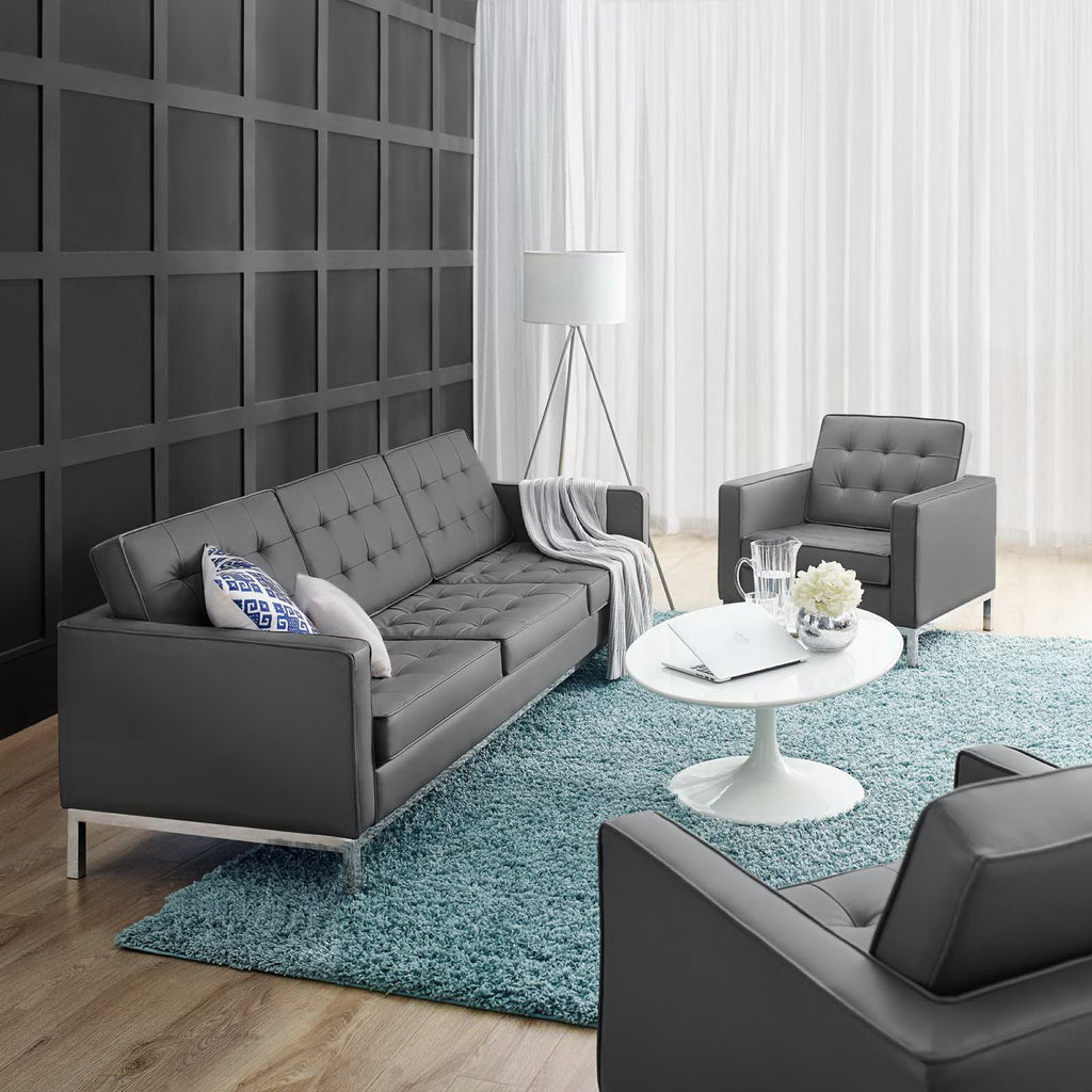 Loft Tufted Upholstered Faux Leather Sofa and Armchair Set - Silver Gray
