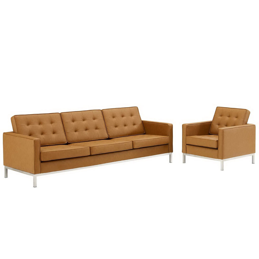 Loft Tufted Upholstered Faux Leather Sofa and Armchair Set - Silver Tan