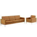 Loft Tufted Upholstered Faux Leather Sofa and Armchair Set - Silver Tan