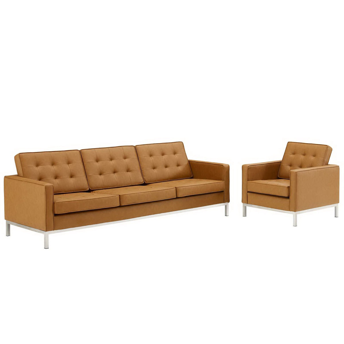 Loft Tufted Upholstered Faux Leather Sofa and Armchair Set - Silver Tan