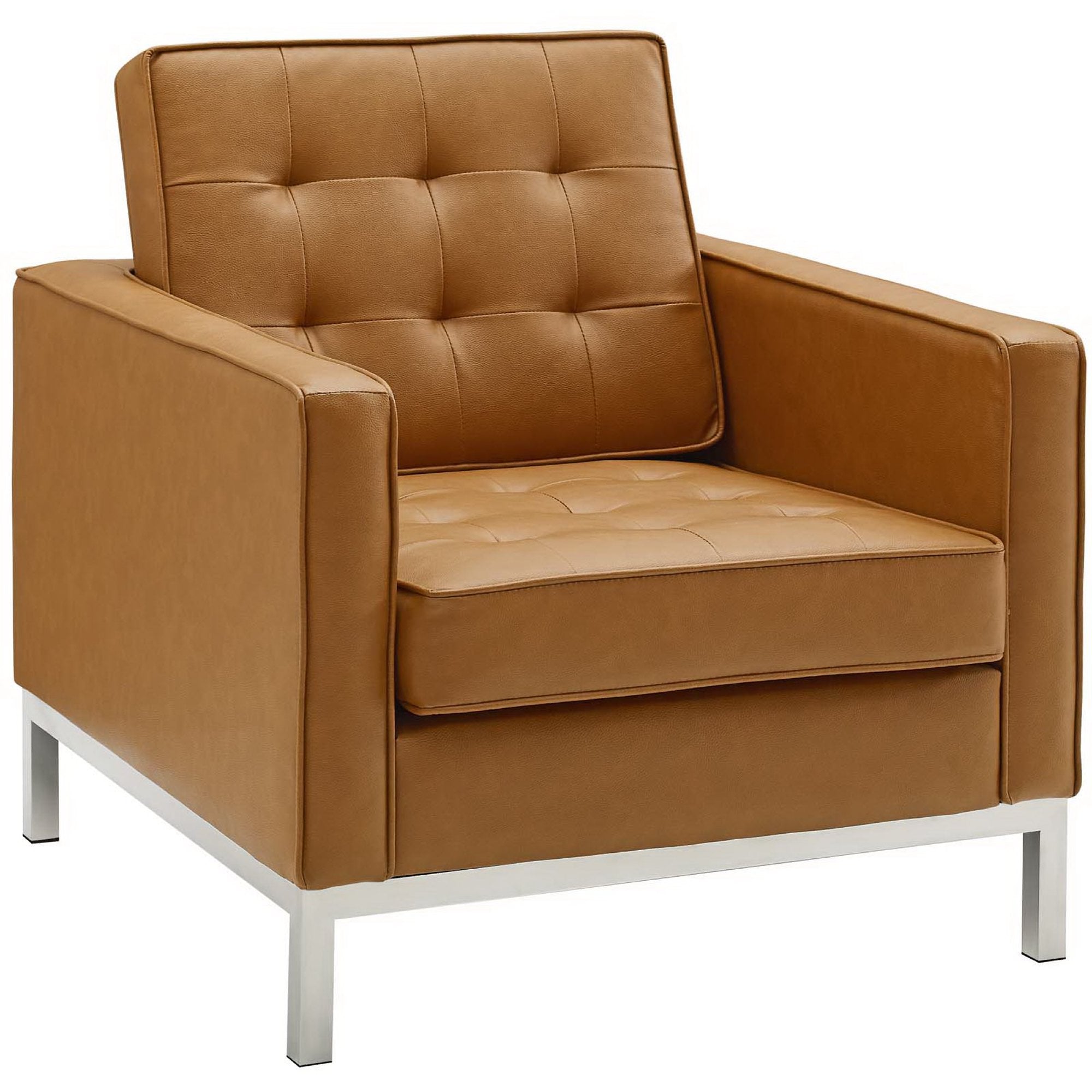 Loft Tufted Upholstered Faux Leather Sofa and Armchair Set - Silver Tan