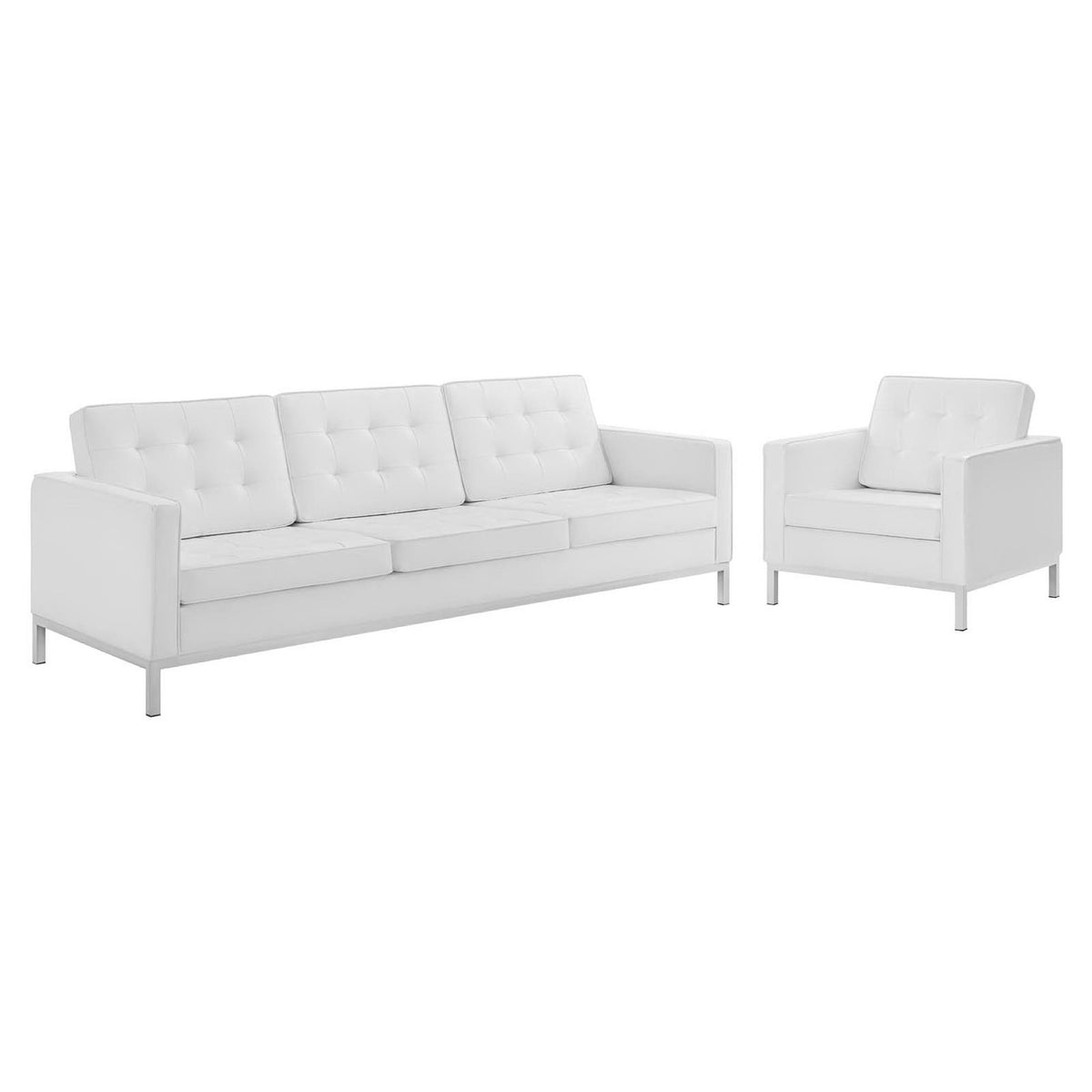 Loft Tufted Upholstered Faux Leather Sofa and Armchair Set - Silver White