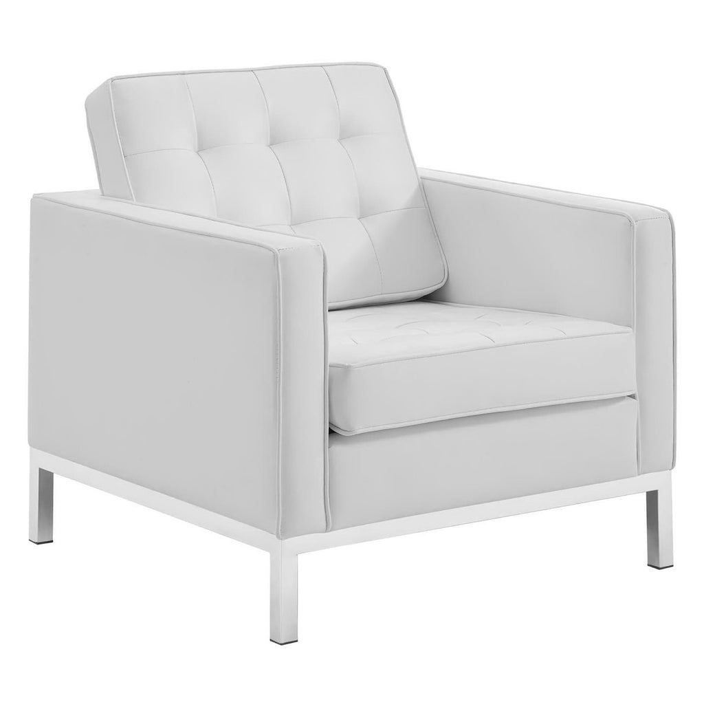 Loft Tufted Upholstered Faux Leather Sofa and Armchair Set - Silver White