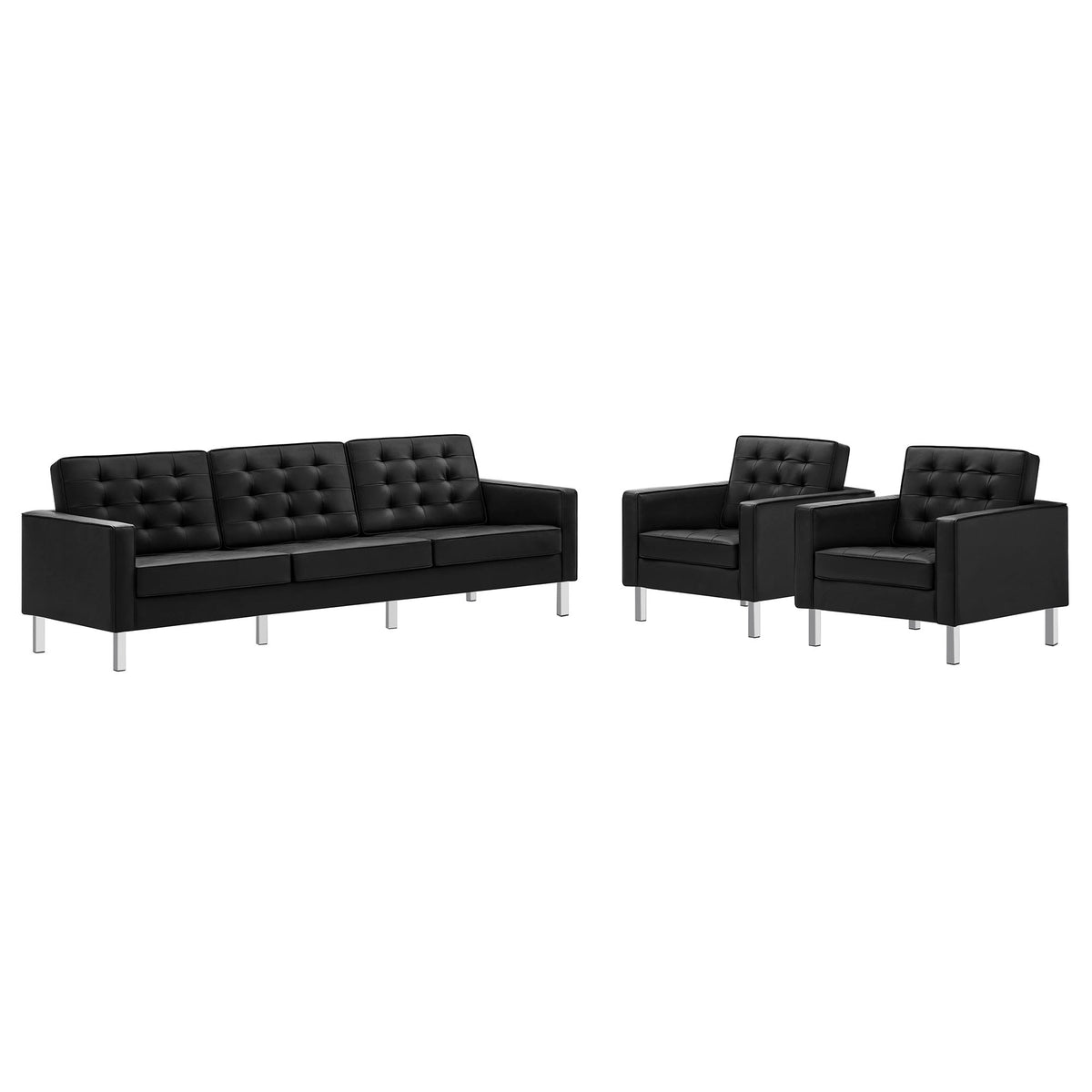 Loft 3-Piece Tufted Vegan Leather Furniture Set - Silver Black