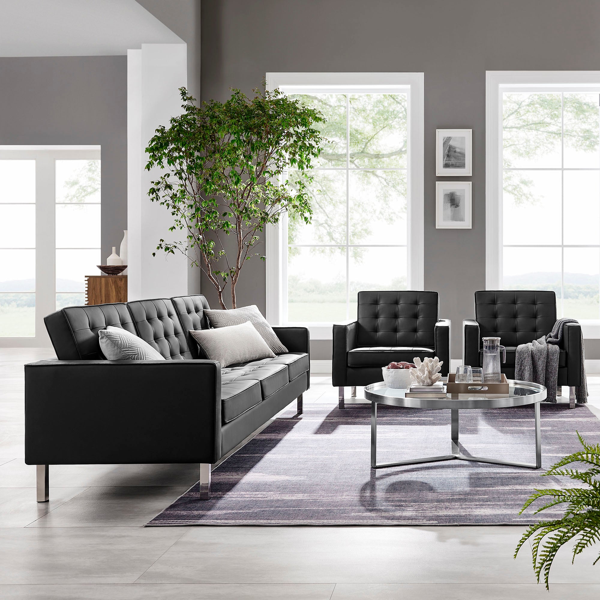 Loft 3-Piece Tufted Vegan Leather Furniture Set - Silver Black