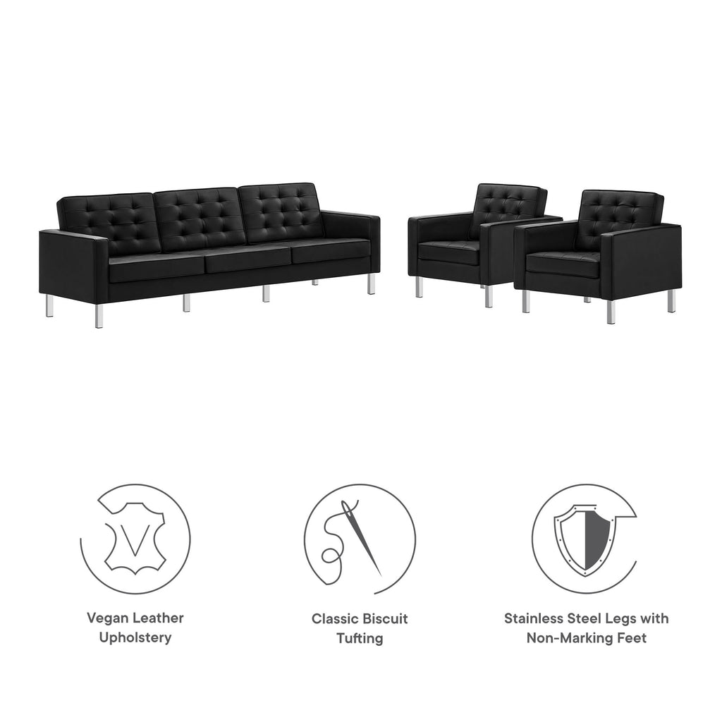 Loft 3-Piece Tufted Vegan Leather Furniture Set - Silver Black