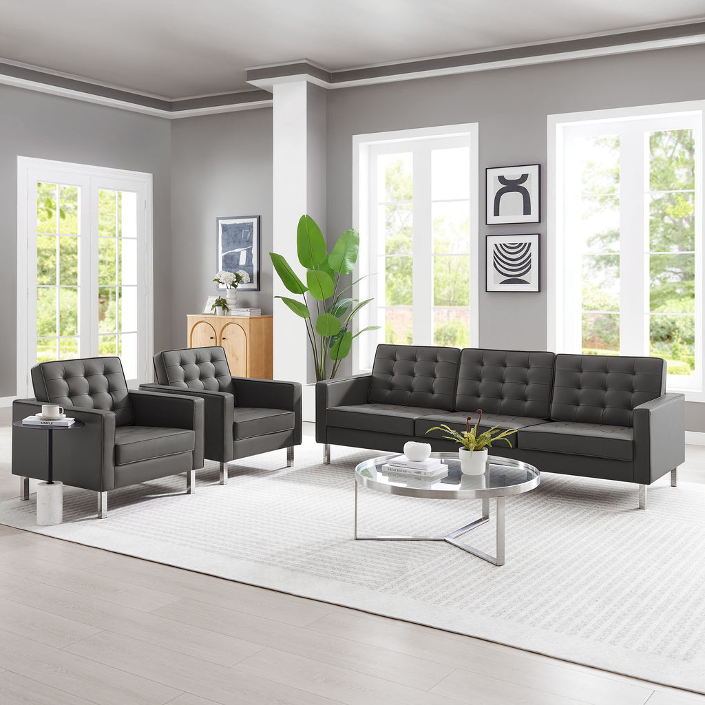 Loft 3-Piece Tufted Vegan Leather Furniture Set - Silver Gray