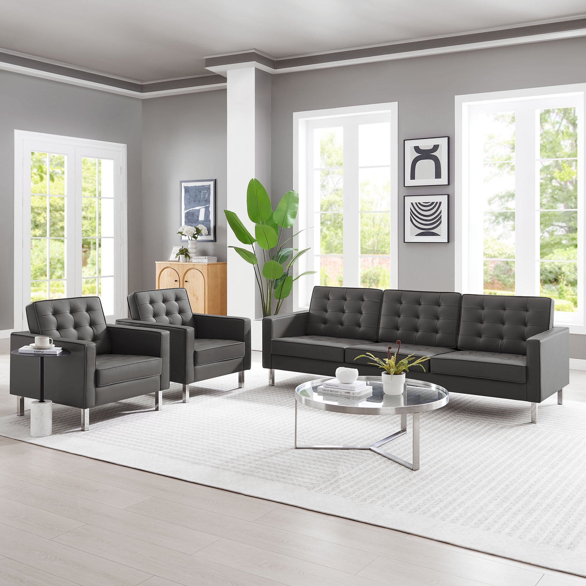 Loft 3-Piece Tufted Vegan Leather Furniture Set - Silver Gray