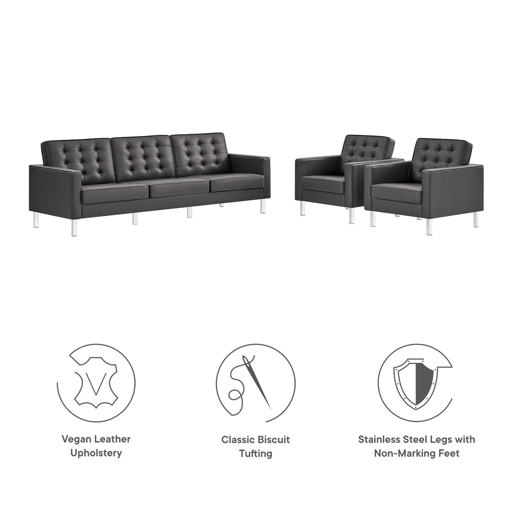 Loft 3-Piece Tufted Vegan Leather Furniture Set - Silver Gray