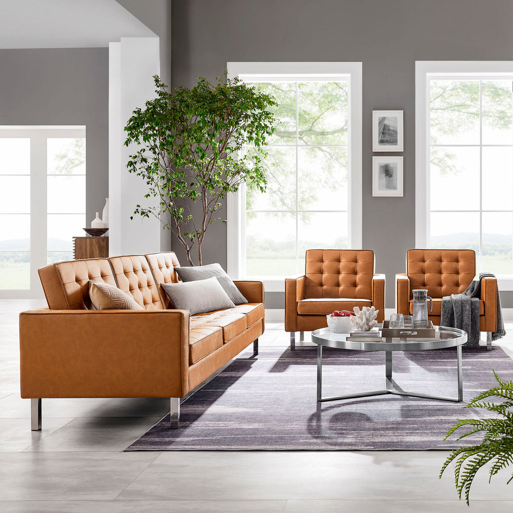 Loft 3-Piece Tufted Vegan Leather Furniture Set - Silver Tan
