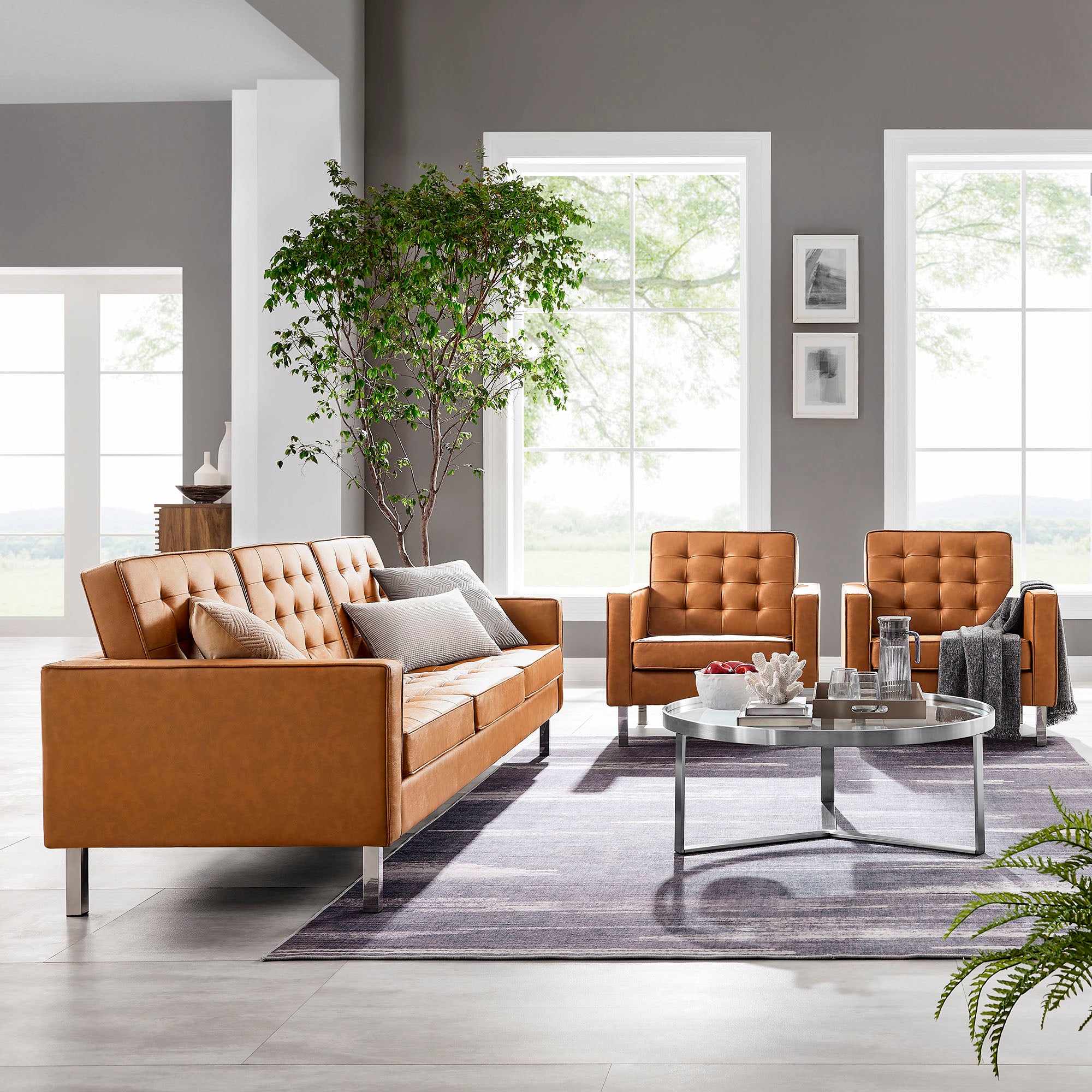 Loft 3-Piece Tufted Vegan Leather Furniture Set - Silver Tan