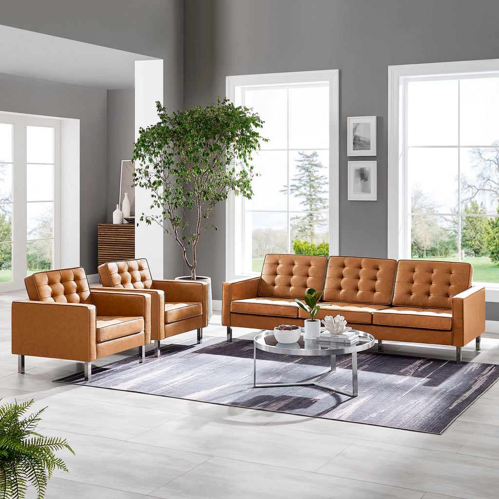 Loft 3-Piece Tufted Vegan Leather Furniture Set - Silver Tan