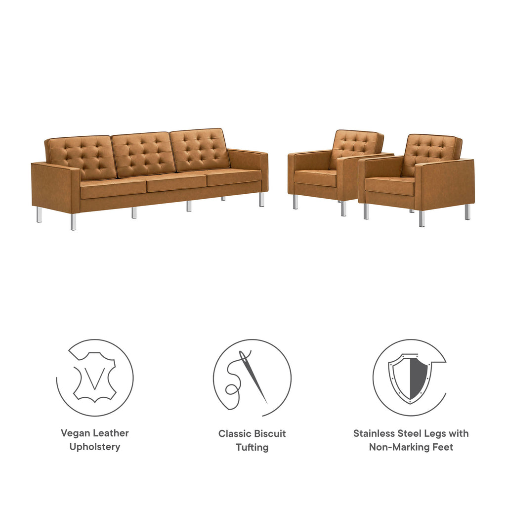 Loft 3-Piece Tufted Vegan Leather Furniture Set - Silver Tan