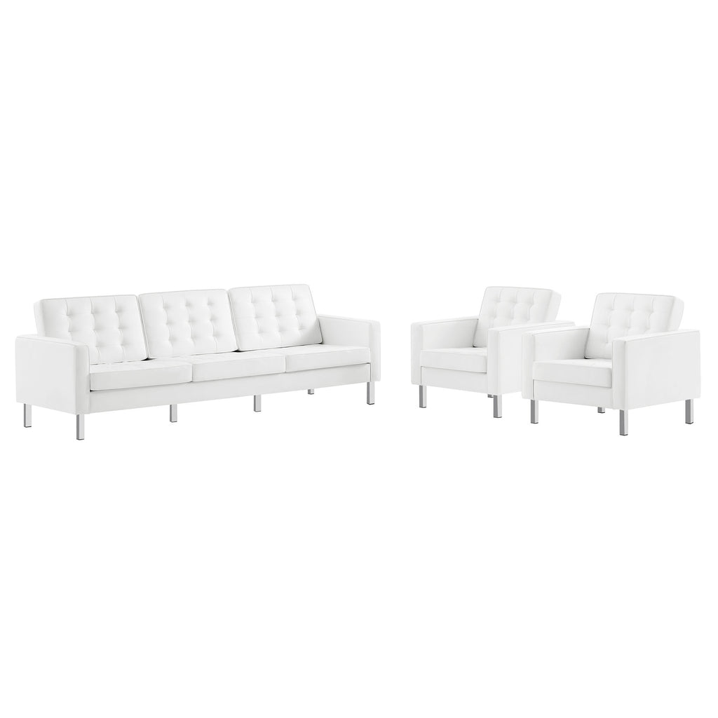 Loft 3-Piece Tufted Vegan Leather Furniture Set - Silver White