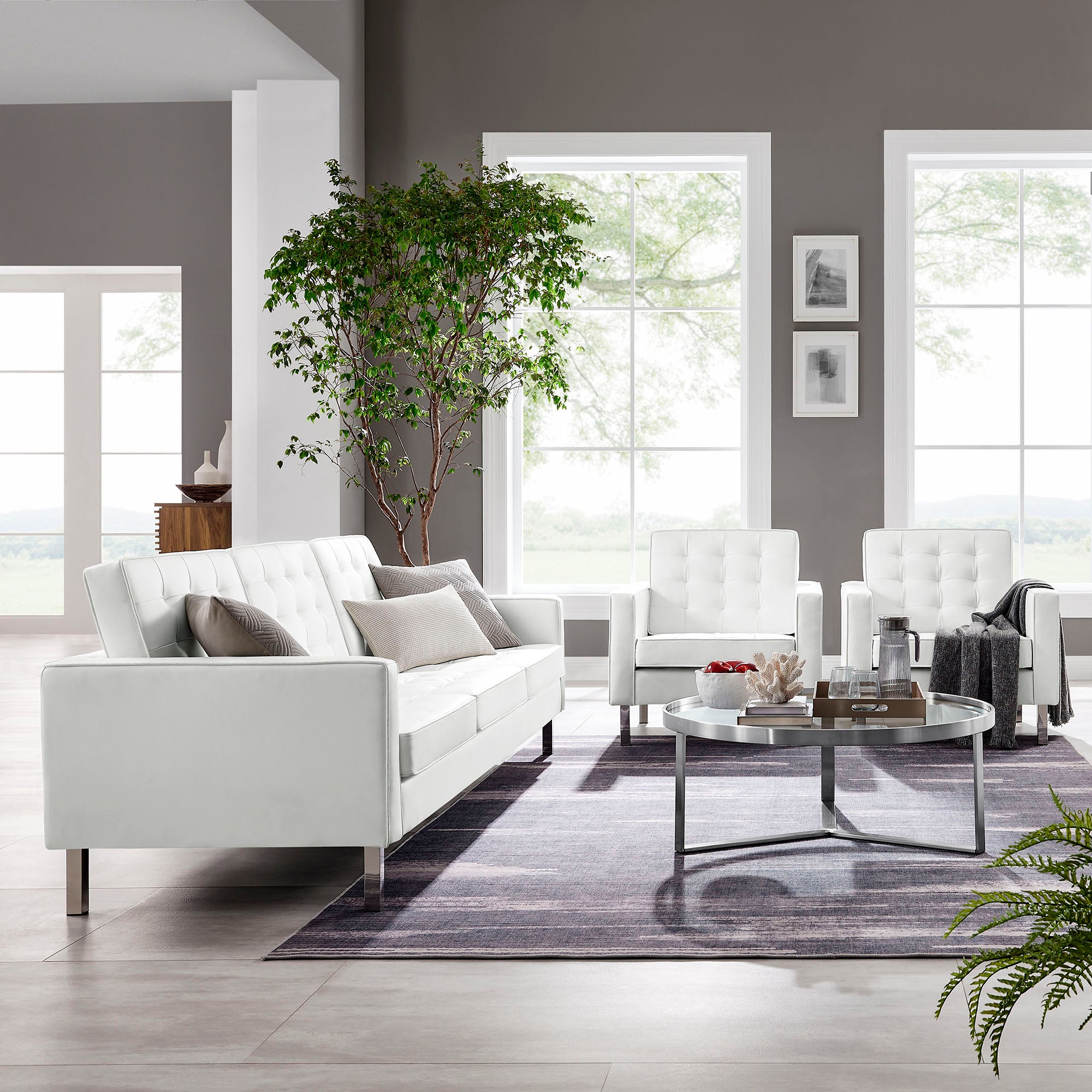 Loft 3-Piece Tufted Vegan Leather Furniture Set - Silver White