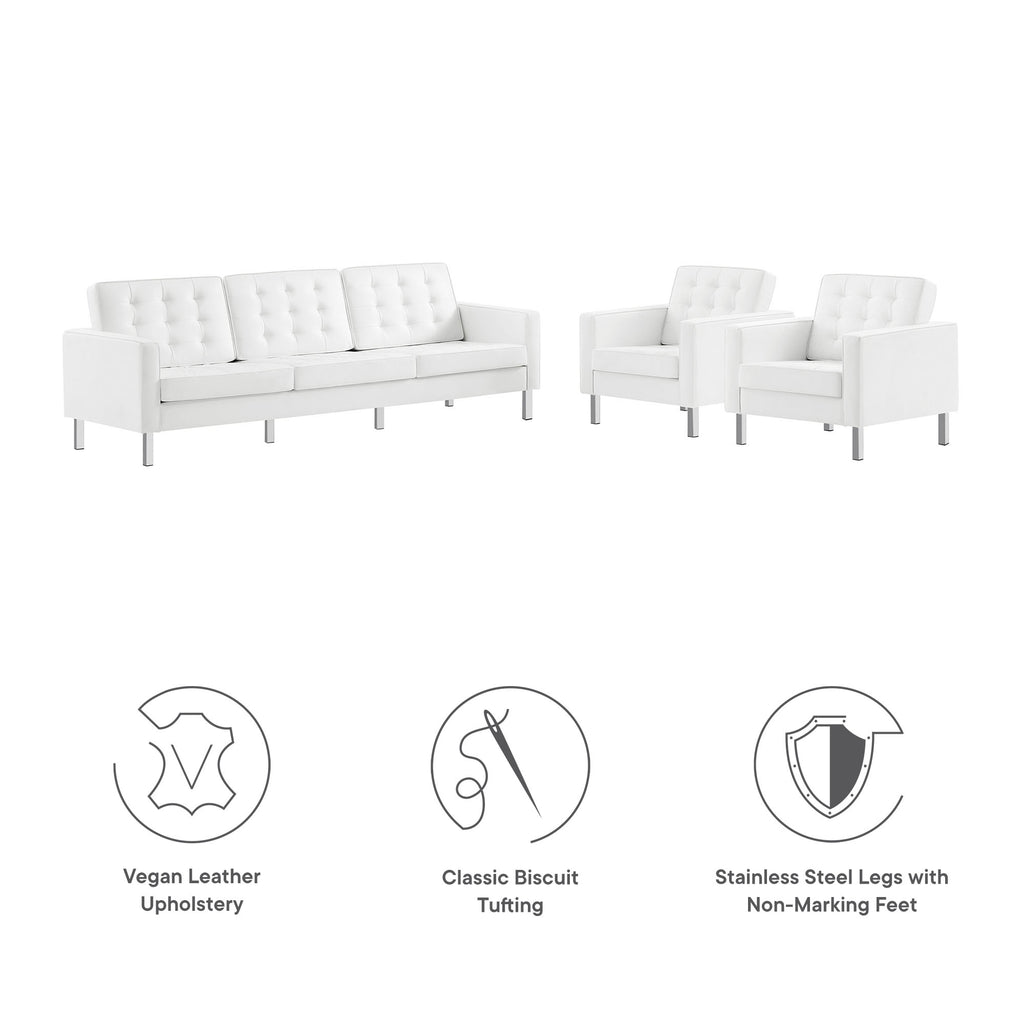 Loft 3-Piece Tufted Vegan Leather Furniture Set - Silver White
