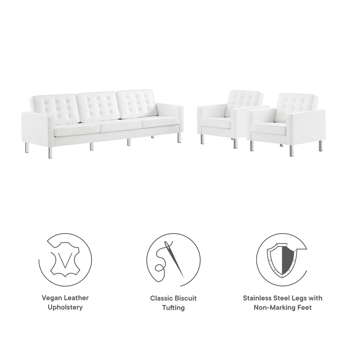Loft 3-Piece Tufted Vegan Leather Furniture Set - Silver White