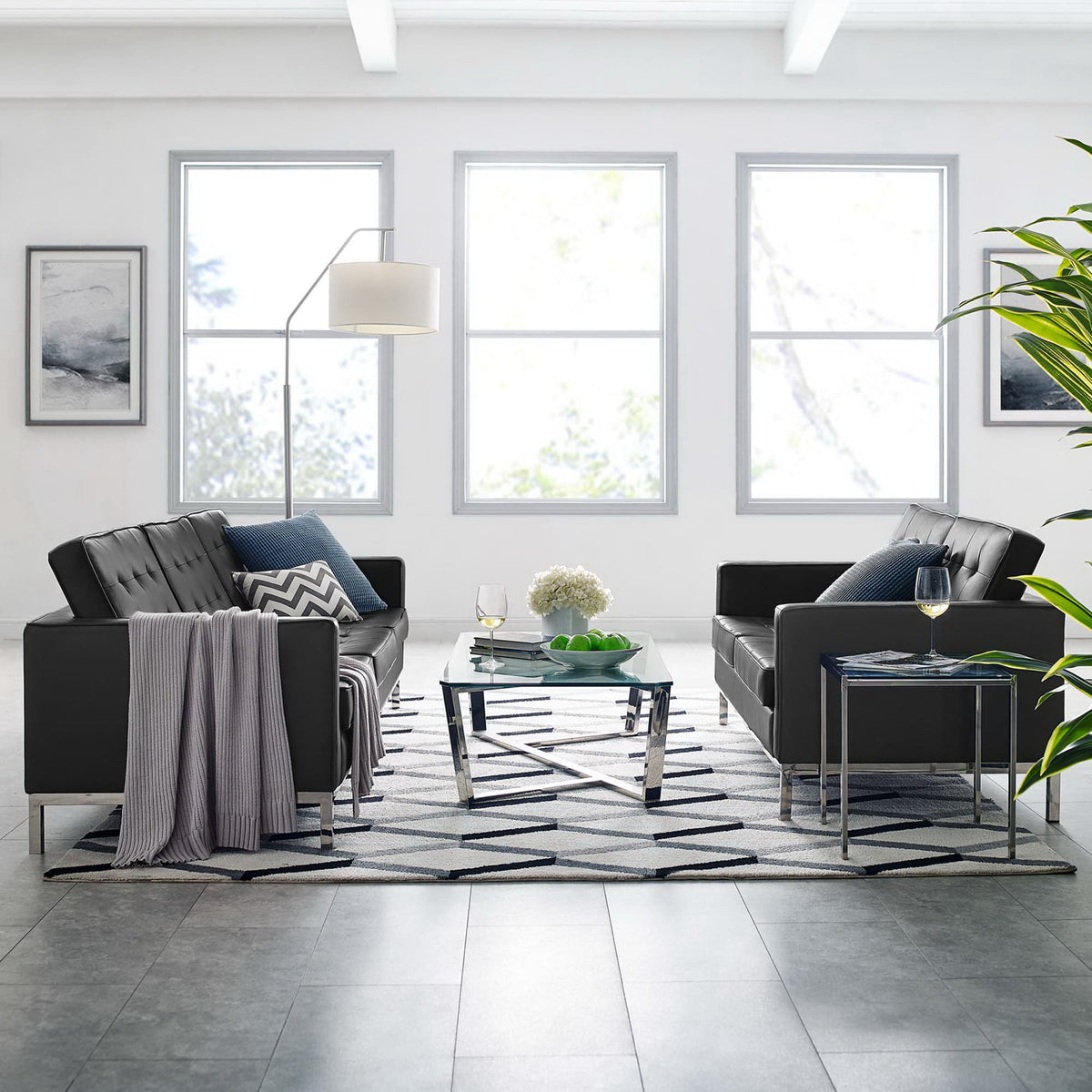 Loft 2-Piece Tufted Vegan Leather Furniture Set - Silver Black