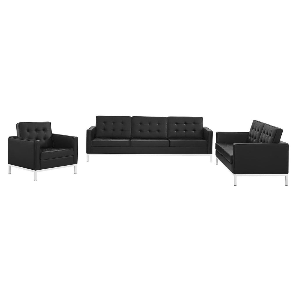 Loft 3 Piece Tufted Upholstered Faux Leather Set - Silver Black (Armchair, Loveseat, Sofa)