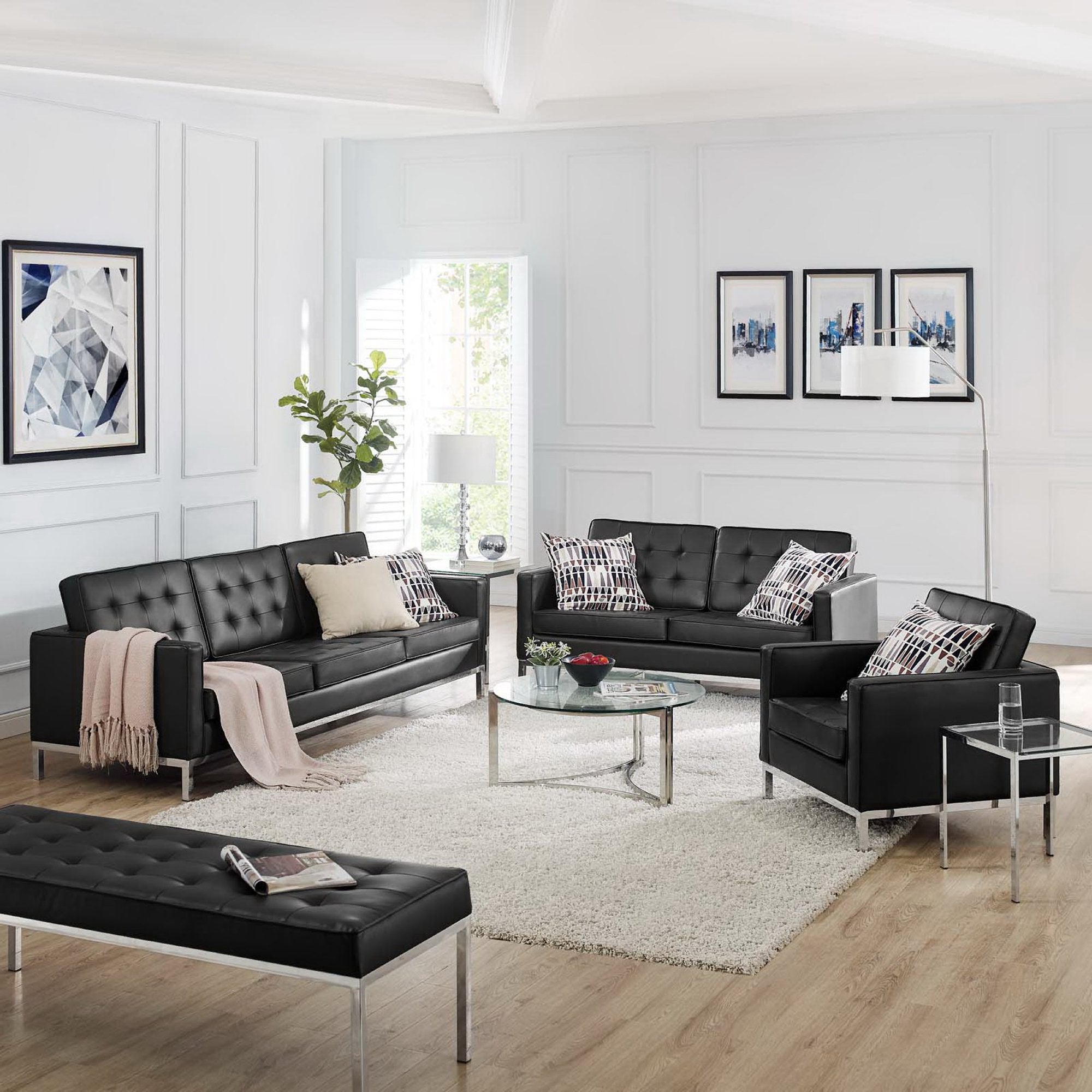 Loft 3 Piece Tufted Upholstered Faux Leather Set - Silver Black (Armchair, Loveseat, Sofa)