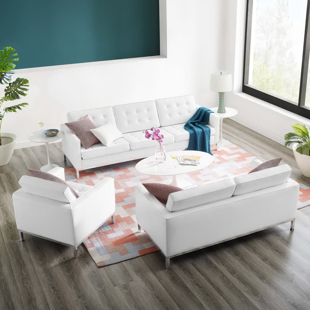 Loft 3 Piece Tufted Upholstered Faux Leather Set - Silver White (Armchair, Loveseat, Sofa)