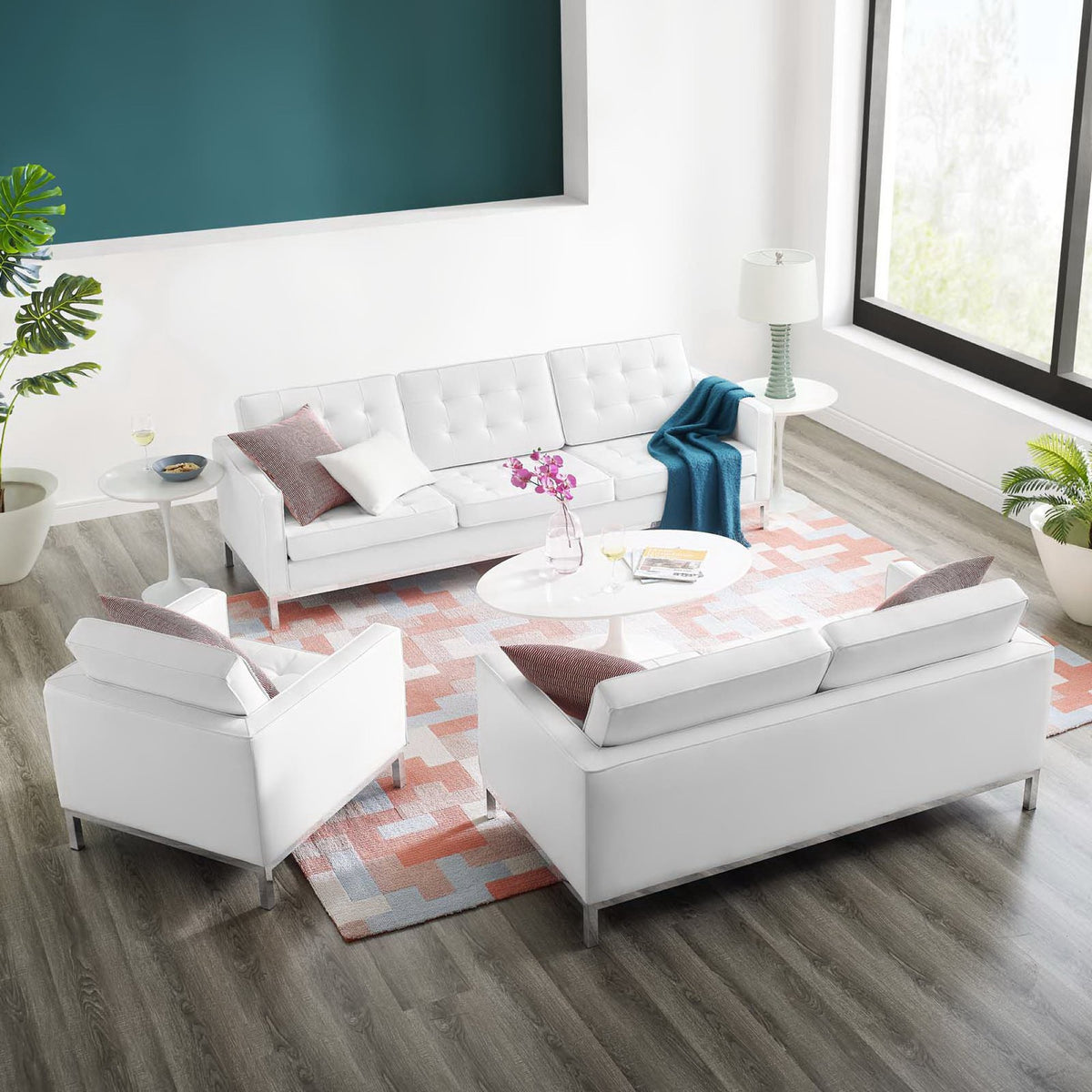Loft 3 Piece Tufted Upholstered Faux Leather Set - Silver White (Armchair, Loveseat, Sofa)