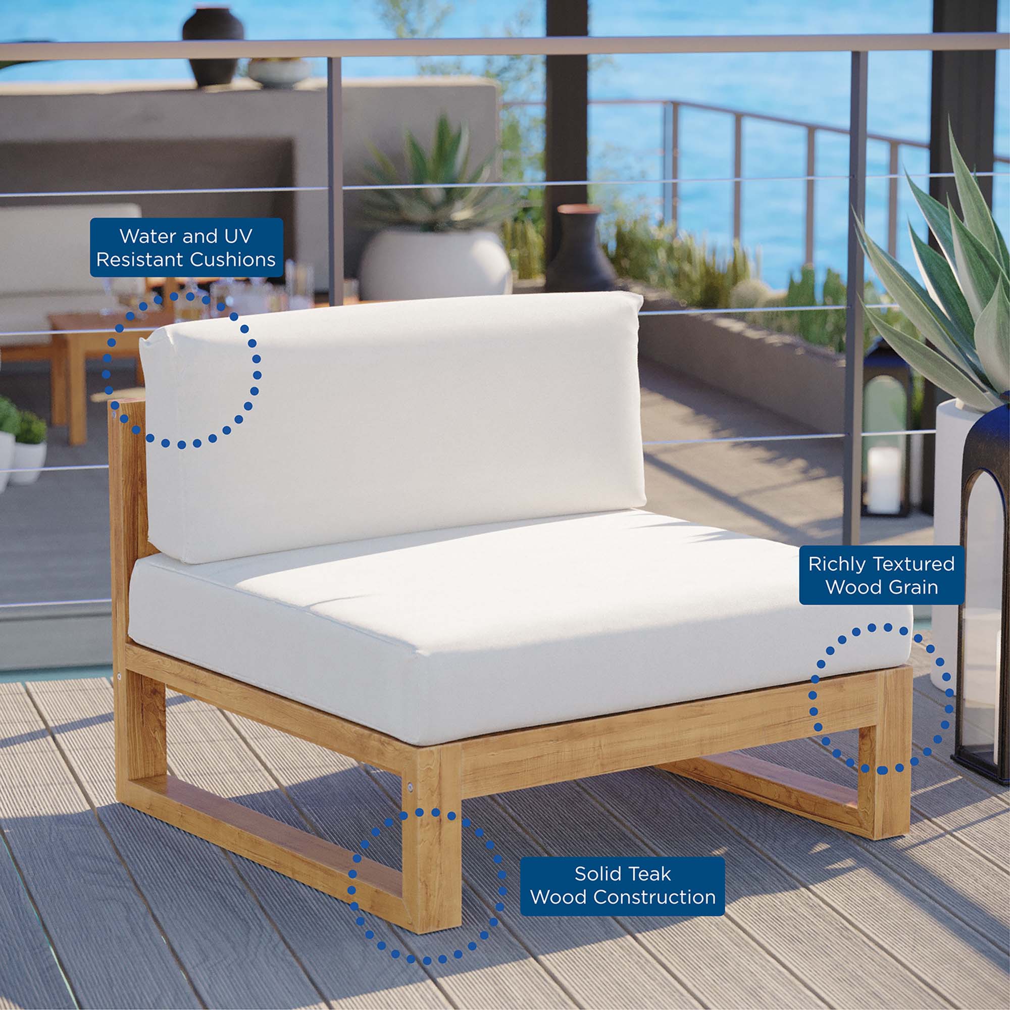 Upland Outdoor Patio Teak Wood Armless Chair - Natural White