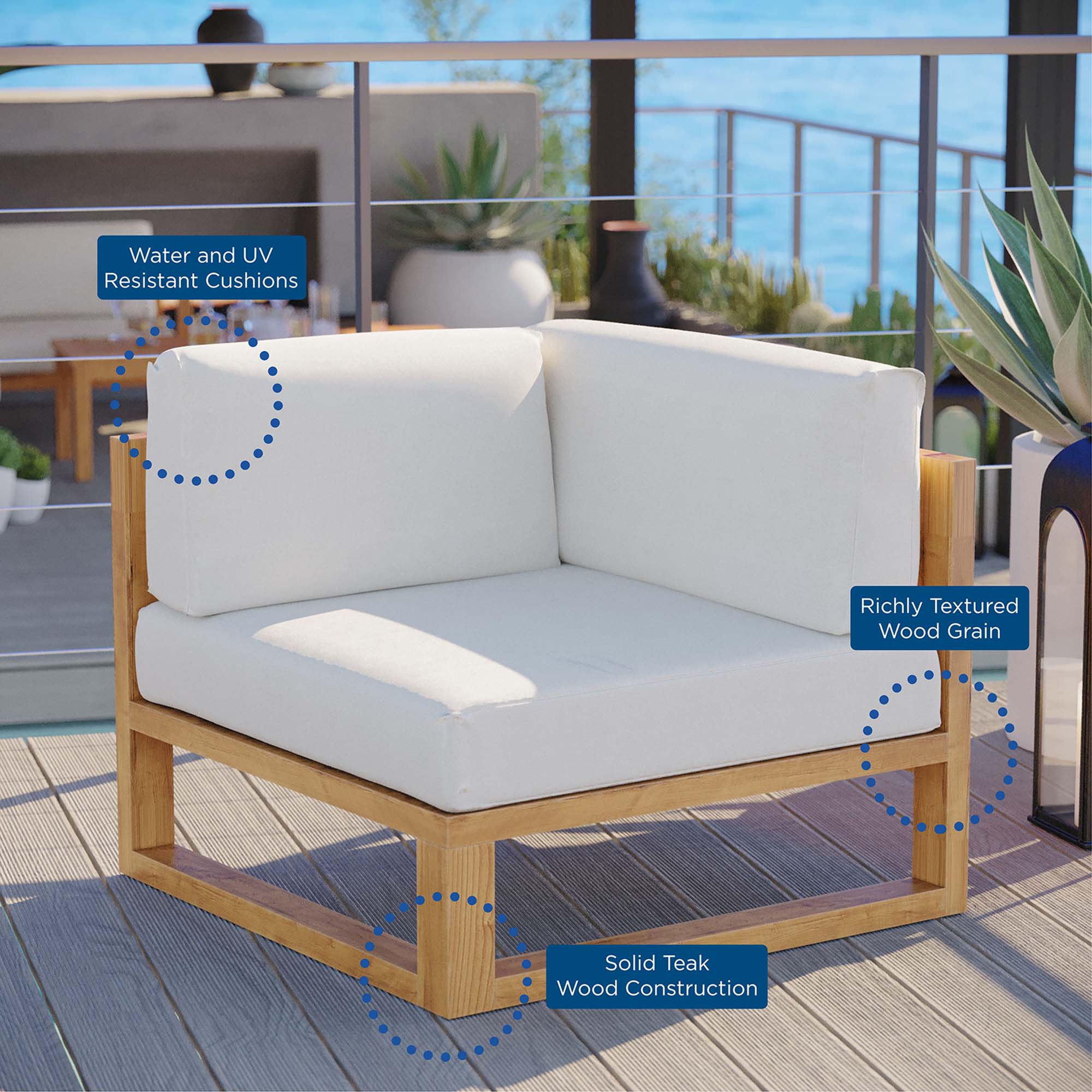 Upland Outdoor Patio Teak Wood Corner Chair - Natural White