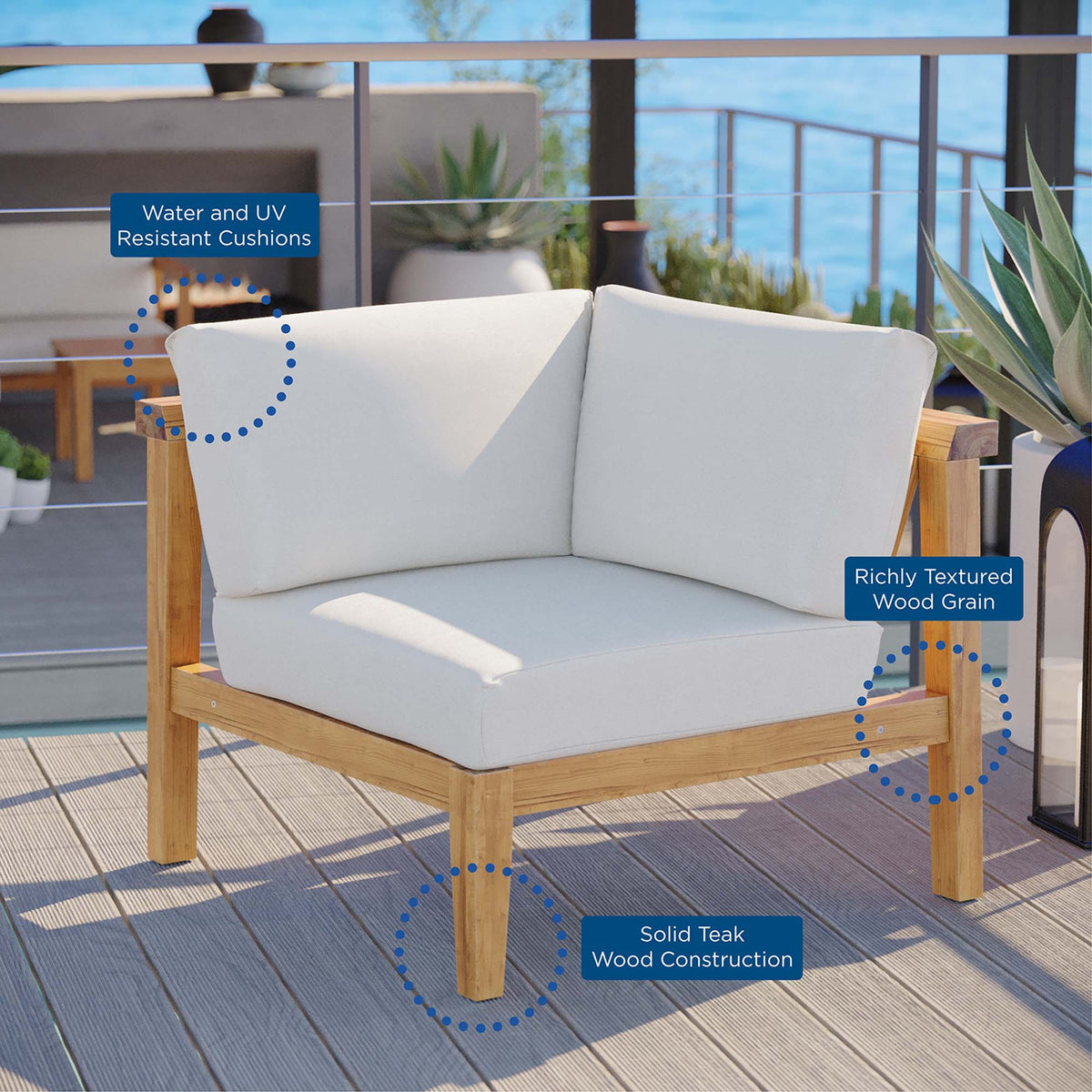 Bayport Outdoor Patio Teak Wood Corner Chair - Natural White