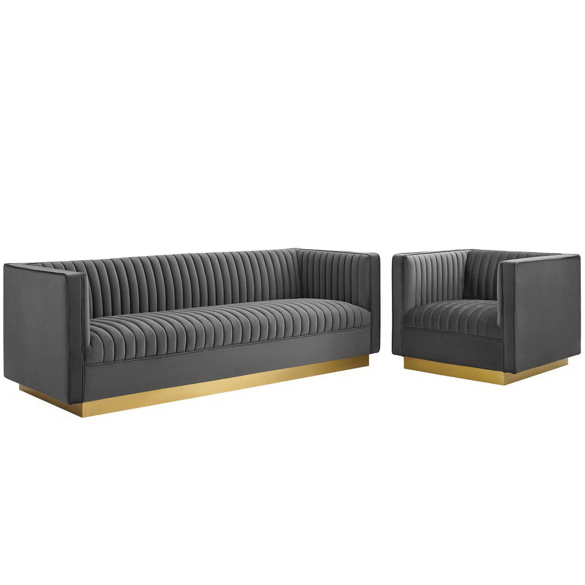 Sanguine Vertical Channel Tufted Upholstered Performance Velvet Sofa and Armchair Set - Gray