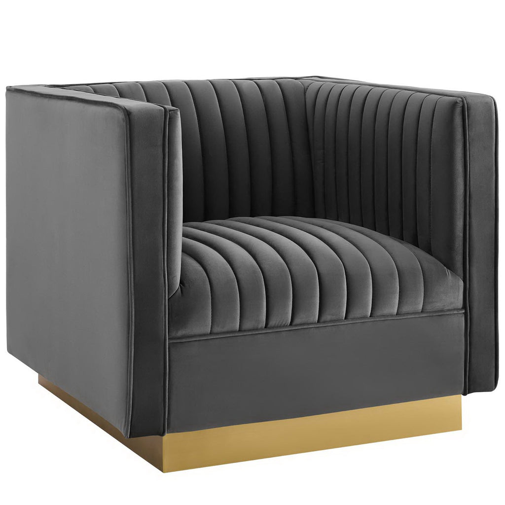 Sanguine Vertical Channel Tufted Upholstered Performance Velvet Sofa and Armchair Set - Gray