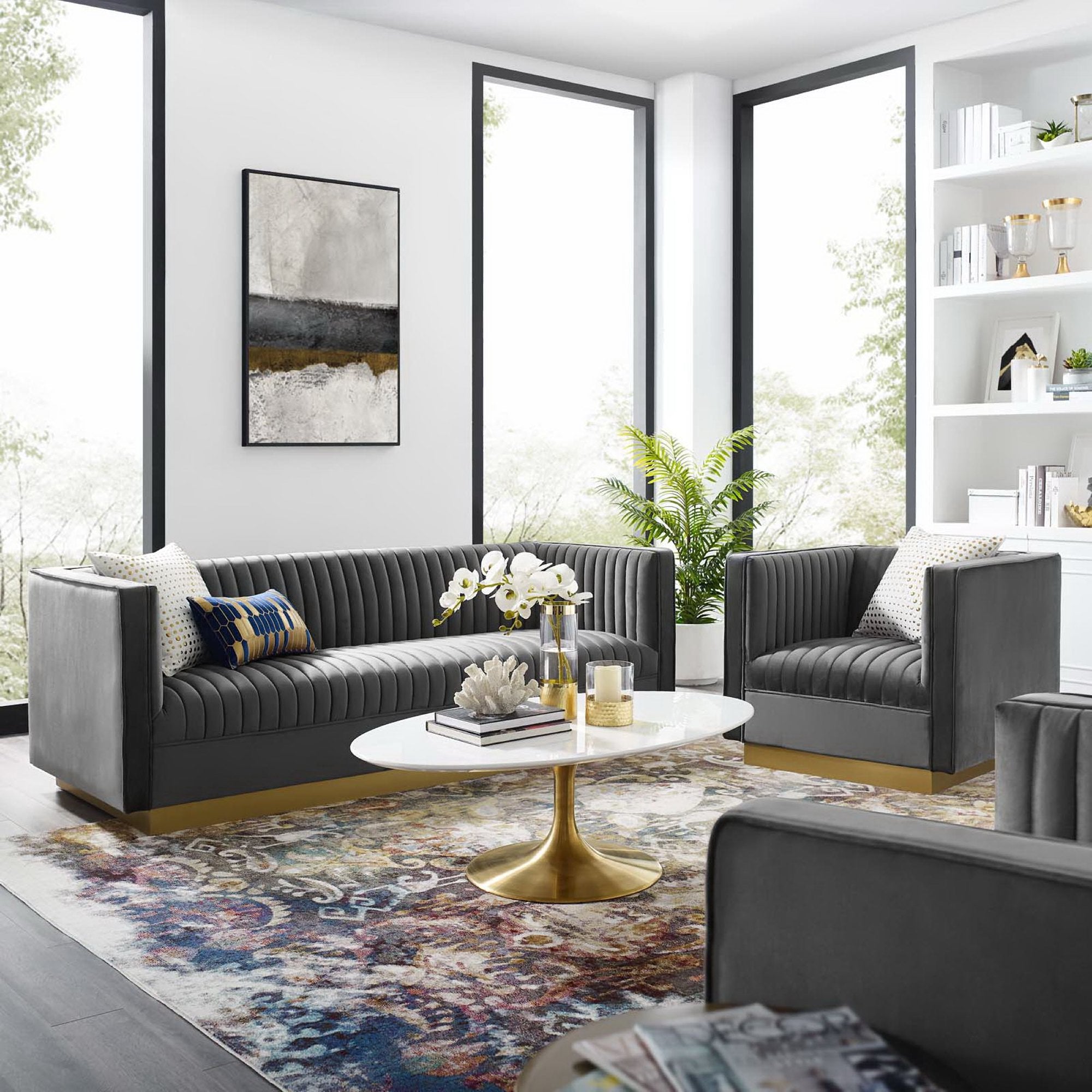 Sanguine Vertical Channel Tufted Upholstered Performance Velvet Sofa and Armchair Set - Gray